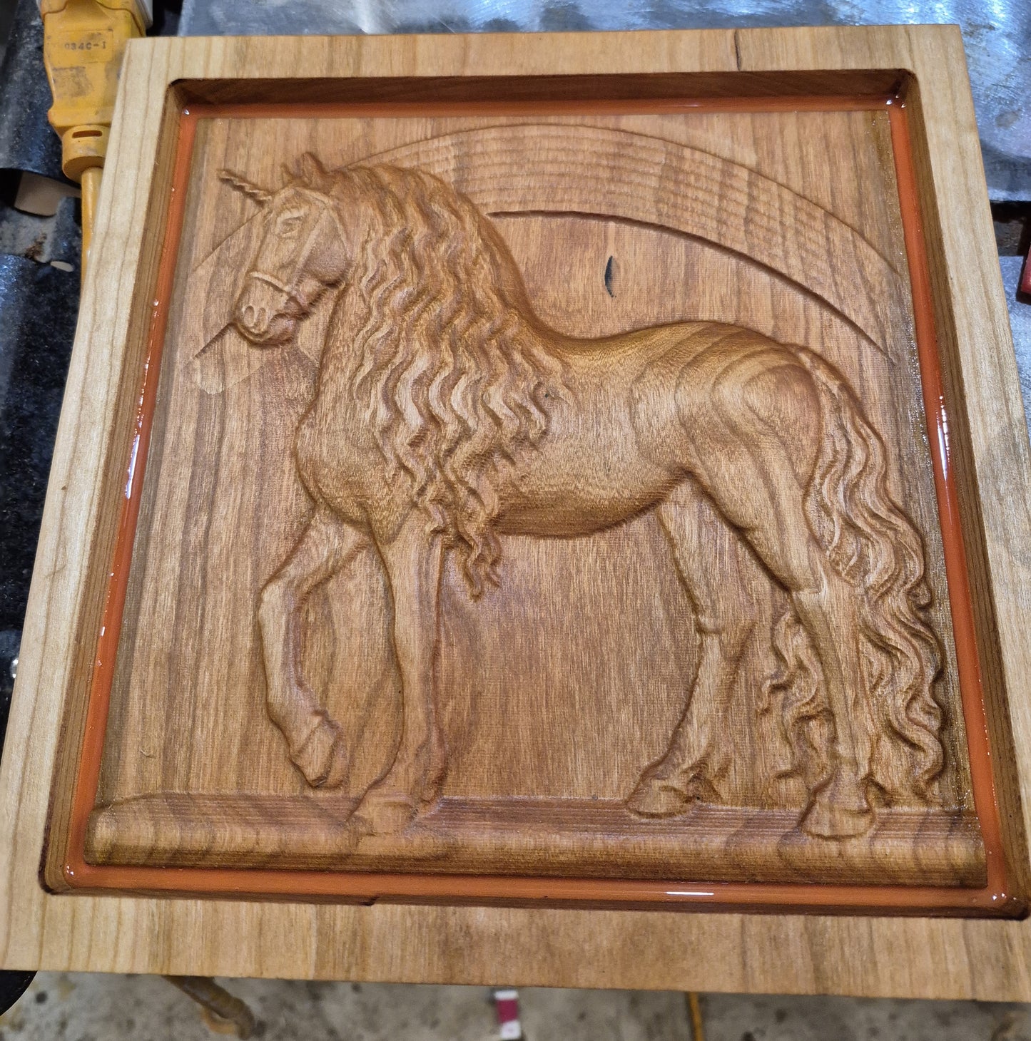 Unicorn Carving With Glow In the Dark Resin Border.