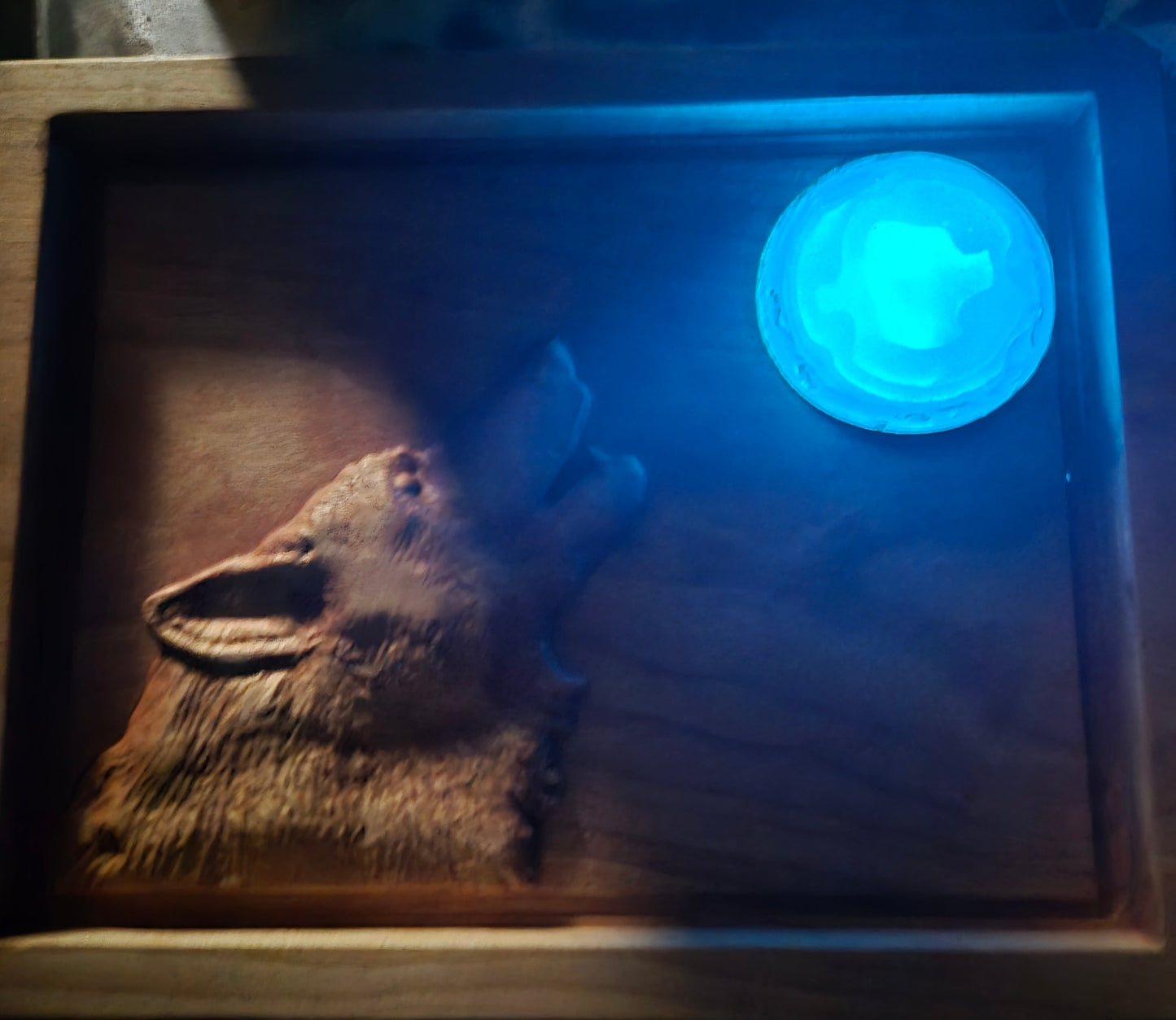 Wolf Carving With Glow In The Dark Resin Moon.