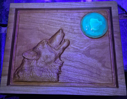 Wolf Carving With Glow In The Dark Resin Moon.