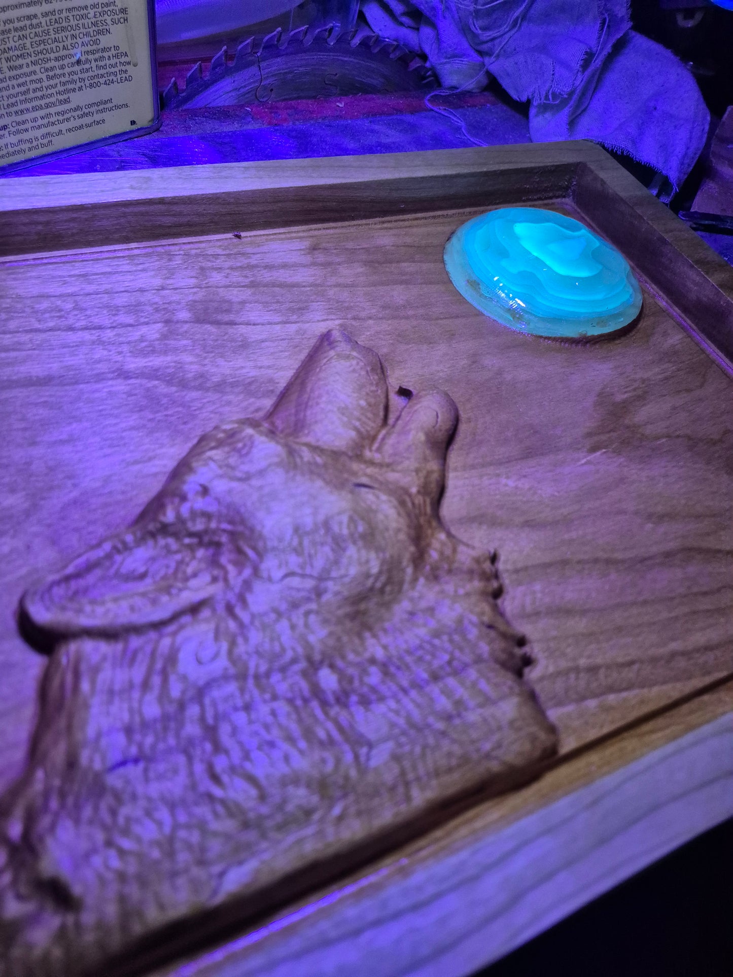 Wolf Carving With Glow In The Dark Resin Moon.
