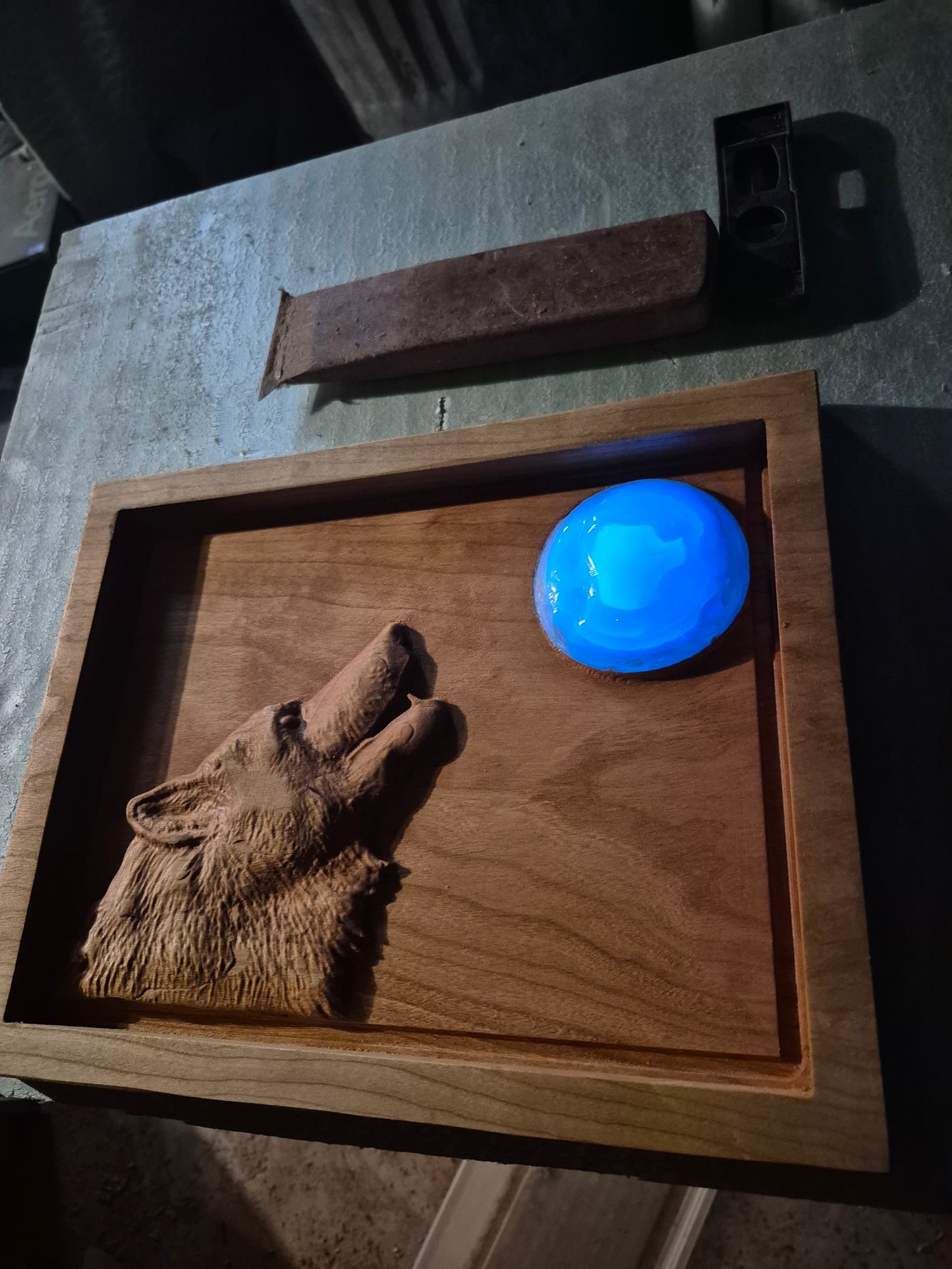 Wolf Carving With Glow In The Dark Resin Moon.