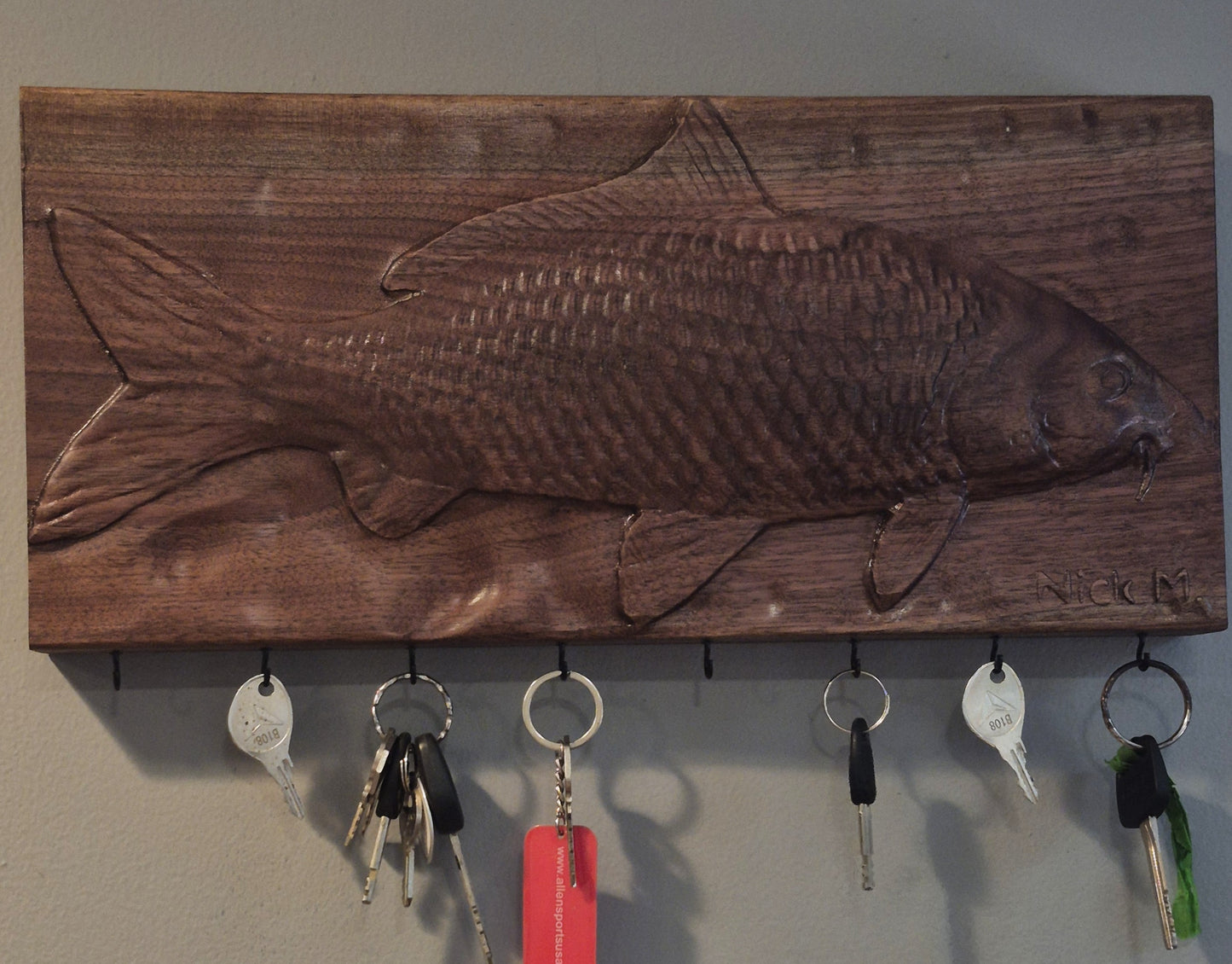 Walnut Common Carp Carving. Key Holder.